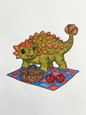Ankylosaurus Picnic Coloring Page, colored example