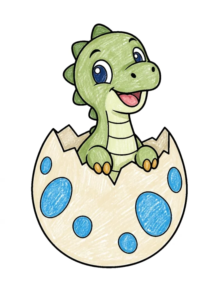 Baby Dinosaur Hatching Coloring Page colored in crayon style