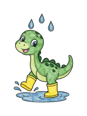 Baby Dinosaur in Rain Boots Coloring Page colored with AI in crayon style