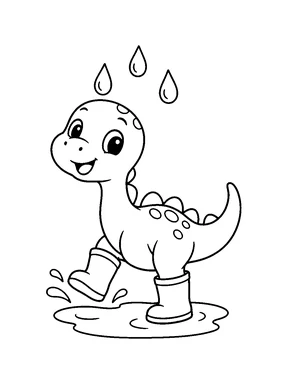 A cute baby dinosaur in rain boots stepping into a small puddle as raindrops fall.