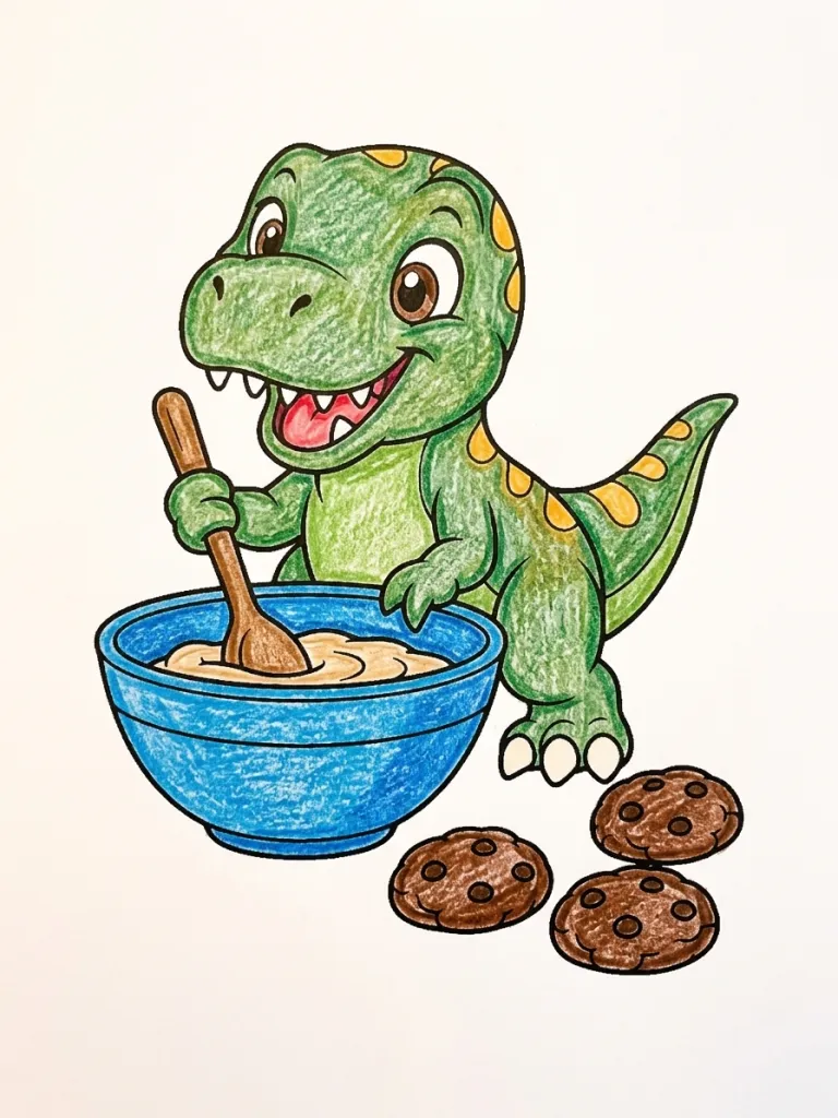 Baby T-Rex Baking Cookies Coloring Page colored in crayon style