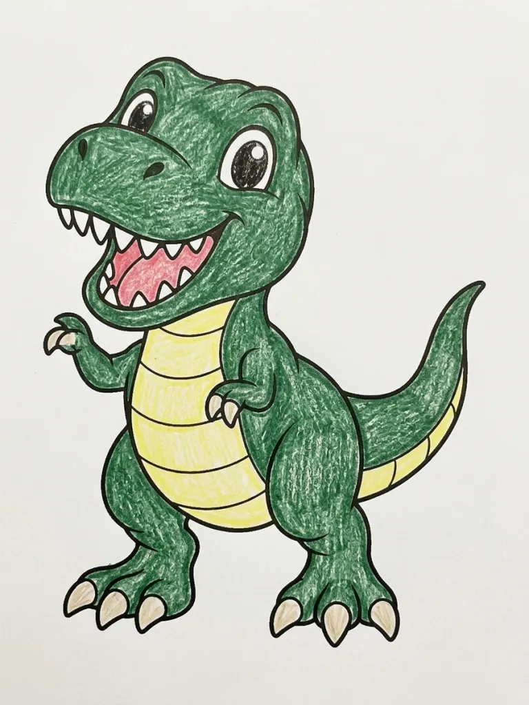 Baby T-Rex Waving Coloring Page colored in crayon style
