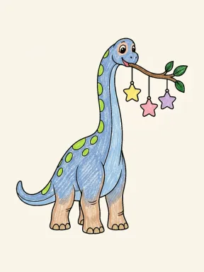 Brachiosaurus Hanging Stars Coloring Page colored with AI in crayon style