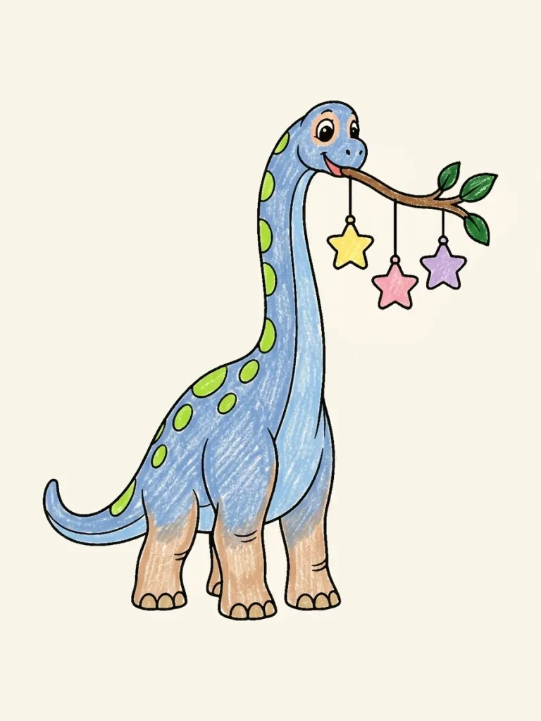 Brachiosaurus Hanging Stars Coloring Page colored in crayon style