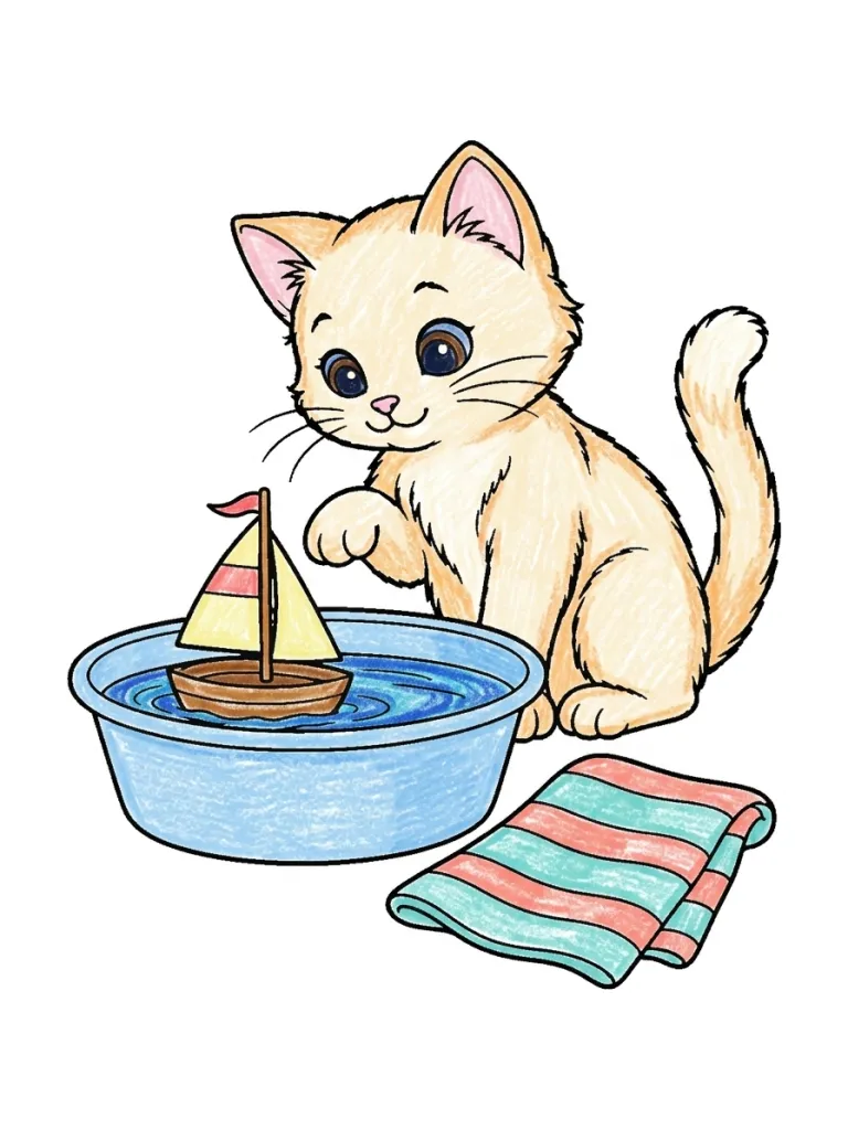 Cat and a Toy Sailboat Coloring Page colored in crayon style