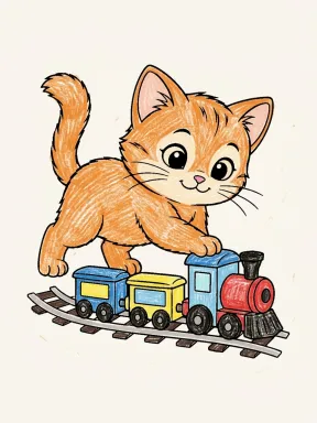Cat and a Toy Train Coloring Page colored with AI in crayon style