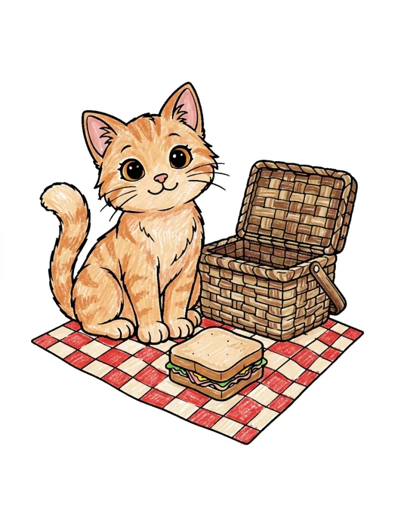 Cat at a Picnic Coloring Page colored in crayon style