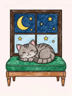 Cat by a Moonlit Window Coloring Page colored with AI in crayon style