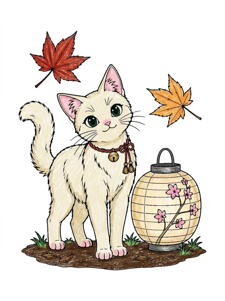 Cat by a Paper Lantern Coloring Page colored in crayon style