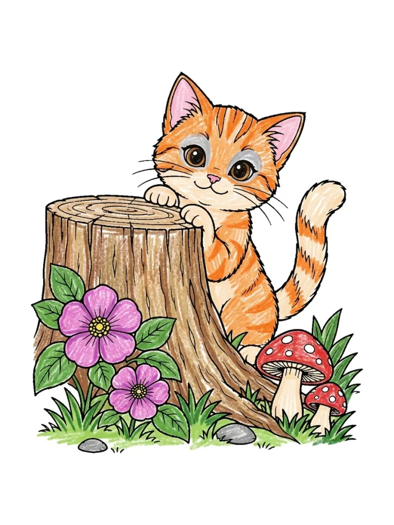 Cat by a Tree Stump Coloring Page colored in crayon style