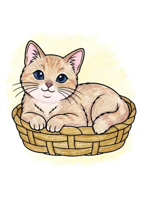 Cat in a Basket Coloring Page colored with AI in crayon style
