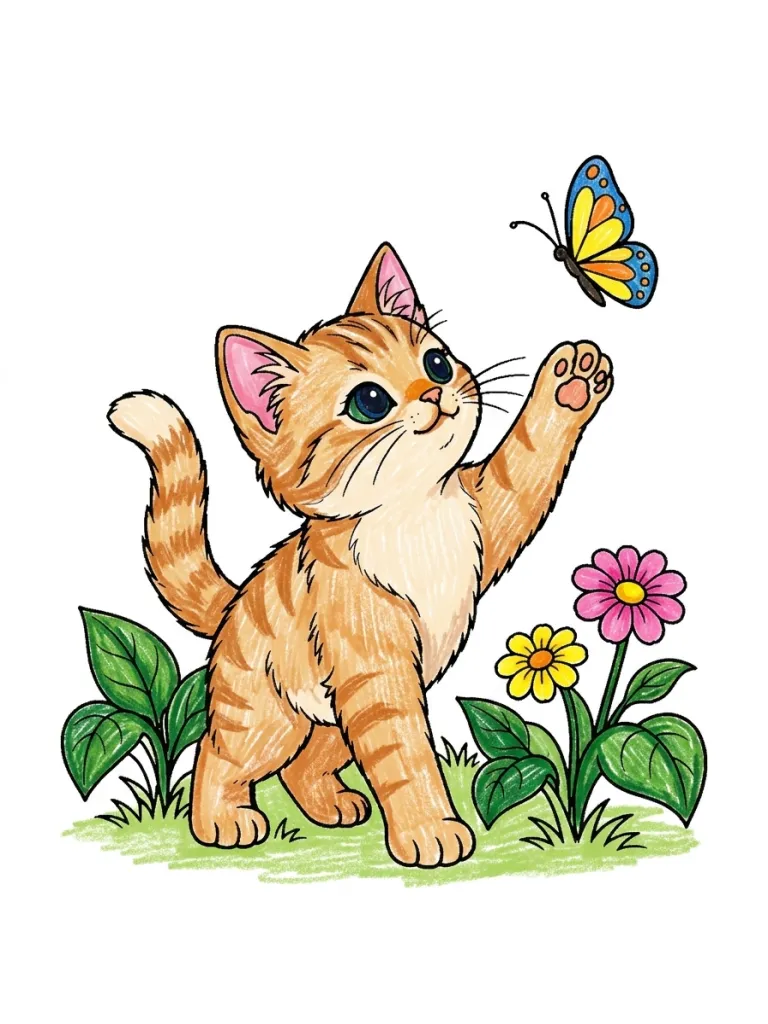Cat in a Butterfly Garden Coloring Page colored in crayon style