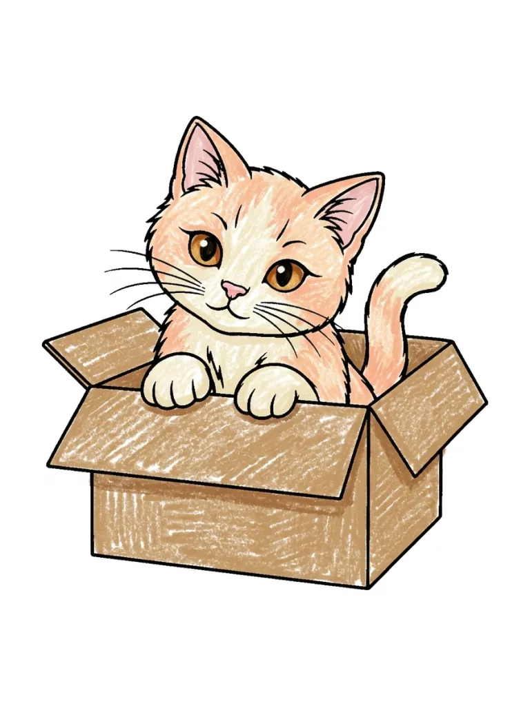 Cat in a Cardboard Box Coloring Page colored in crayon style
