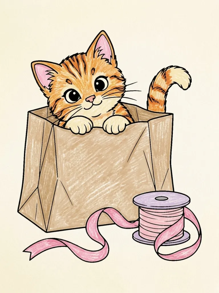 Cat in a Paper Bag Coloring Page colored in crayon style