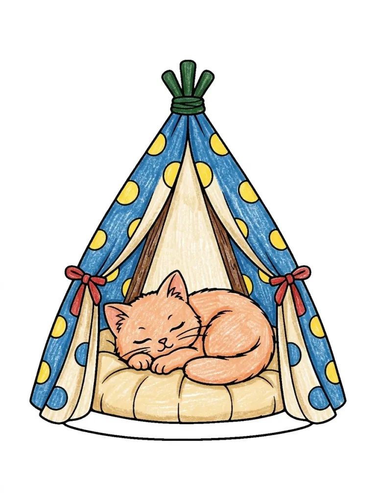Cat in a Play Tent Coloring Page colored in crayon style