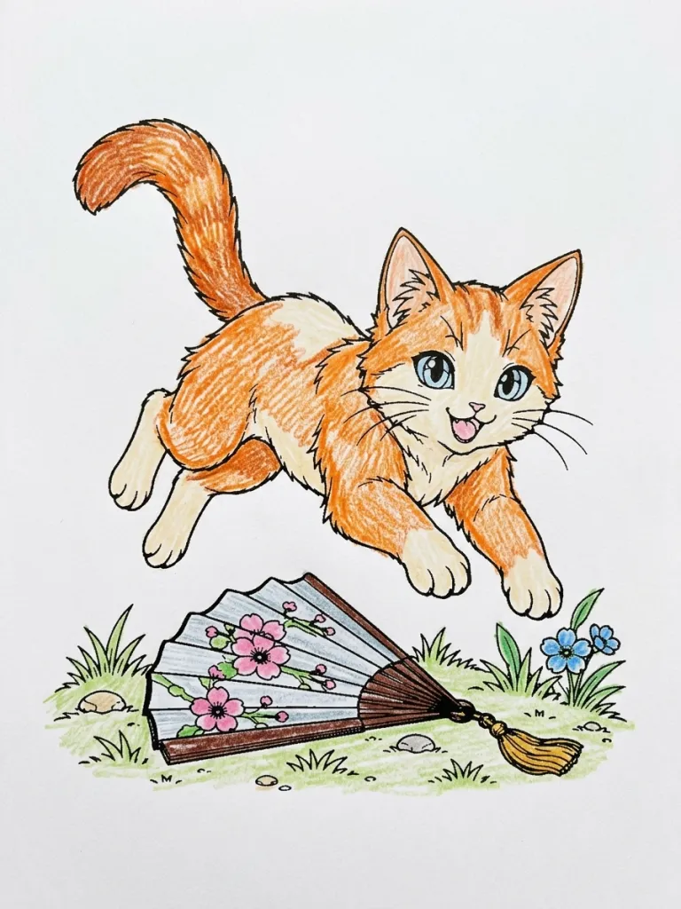 Leaping Cat over a Fan Coloring Page colored in crayon style