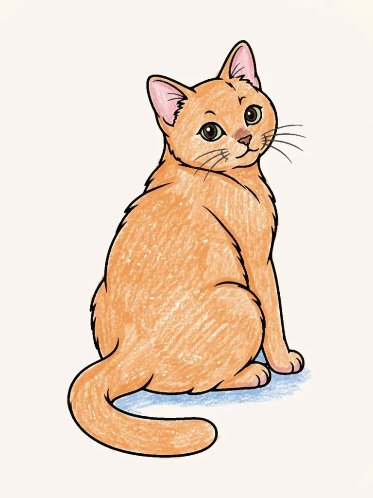 Cat Looking Back Coloring Page colored in crayon style