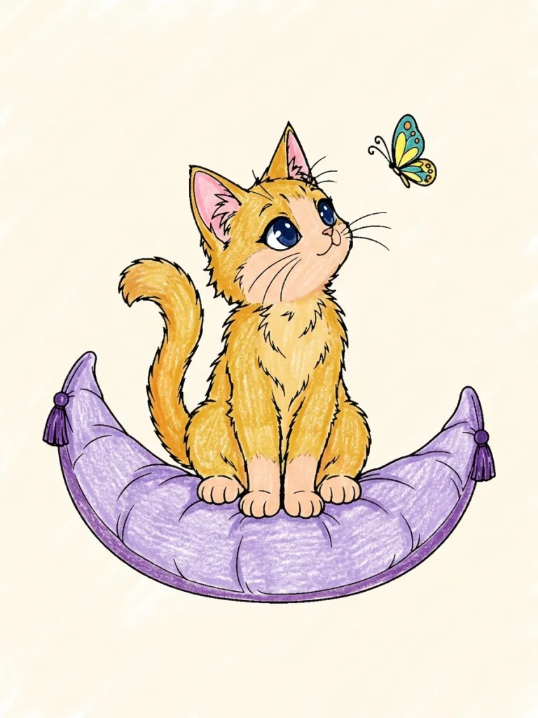 Cat on a Crescent Cushion Coloring Page colored in crayon style