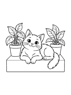 A cat rests on a low porch step between two leafy potted plants.