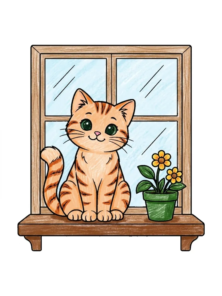 Cat on a Window Ledge Coloring Page colored in crayon style