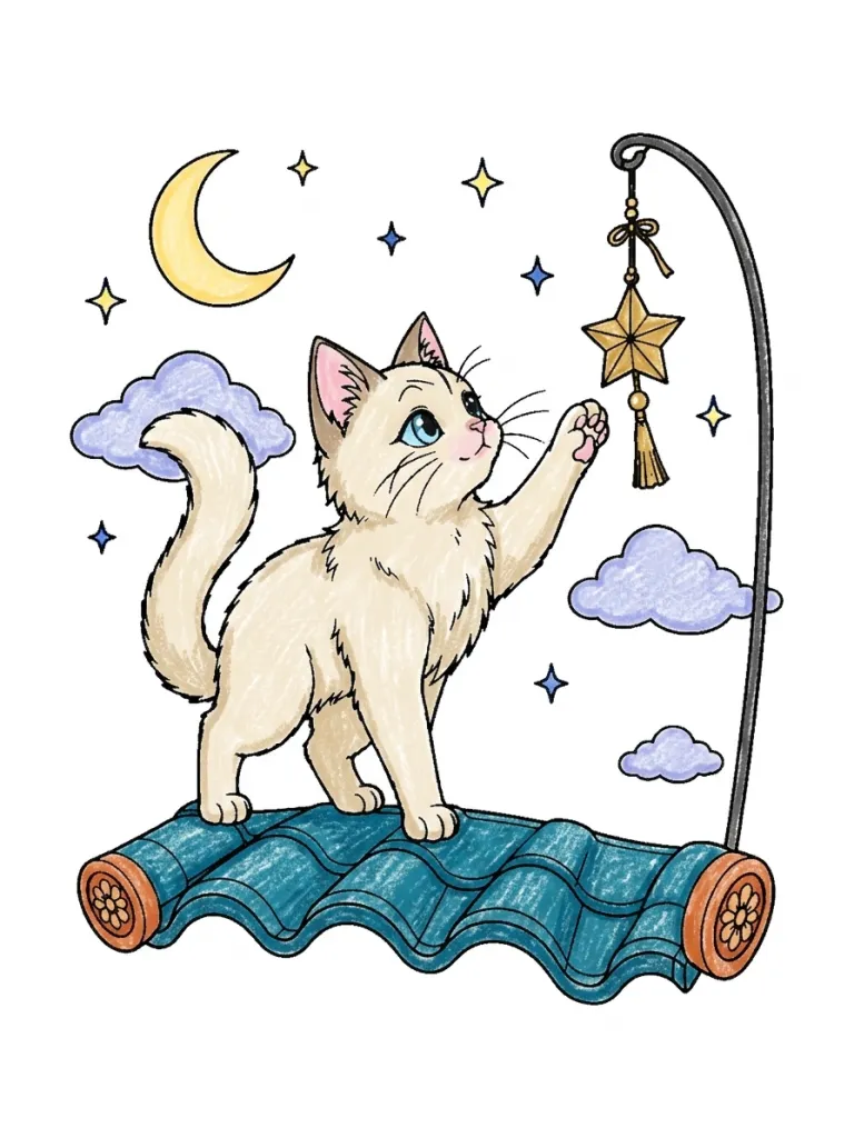 Cat on Roof Tiles Coloring Page colored in crayon style