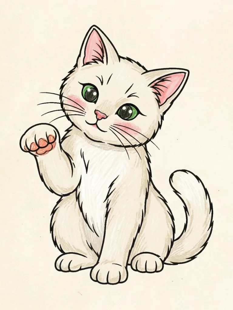 Cat Raising a Paw Coloring Page colored in crayon style