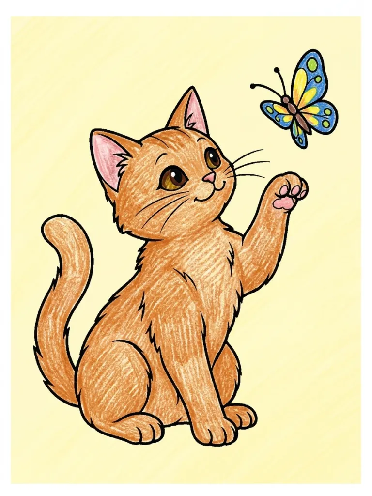 Cat Watching a Butterfly Coloring Page colored in crayon style