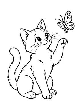A cat lifts a front paw toward a butterfly.