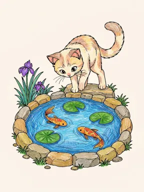 Cat Watching Fish in a Pond Coloring Page colored with AI in crayon style