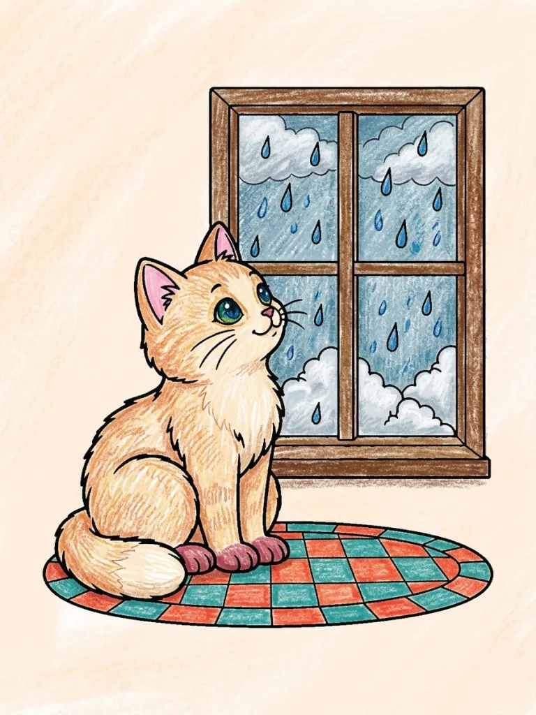 Cat Watching the Rain Coloring Page colored in crayon style