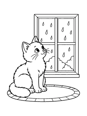 A cat sits by a window with raindrops outside and a small rug below.