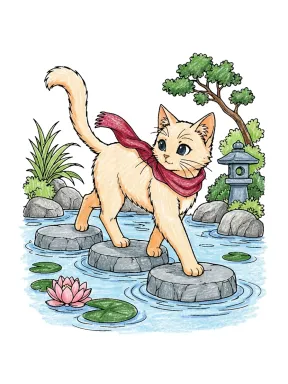 Scarfed Cat on Stepping Stones Coloring Page colored with AI in crayon style