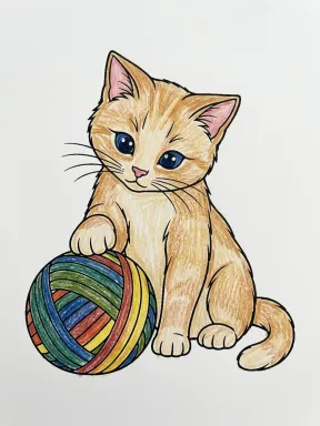 Cat and Yarn Ball Coloring Page, colored example