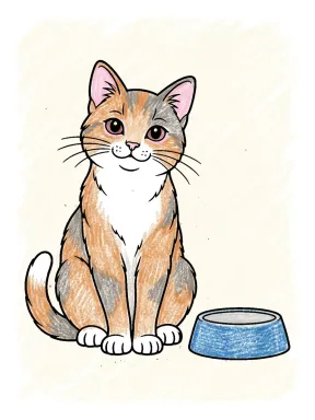 Cat and Food Bowl Coloring Page colored with AI in crayon style