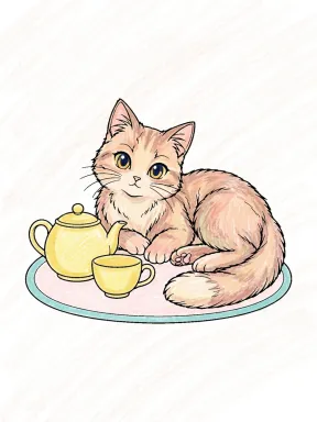 Cat with Tea Set Coloring Page colored with AI in crayon style