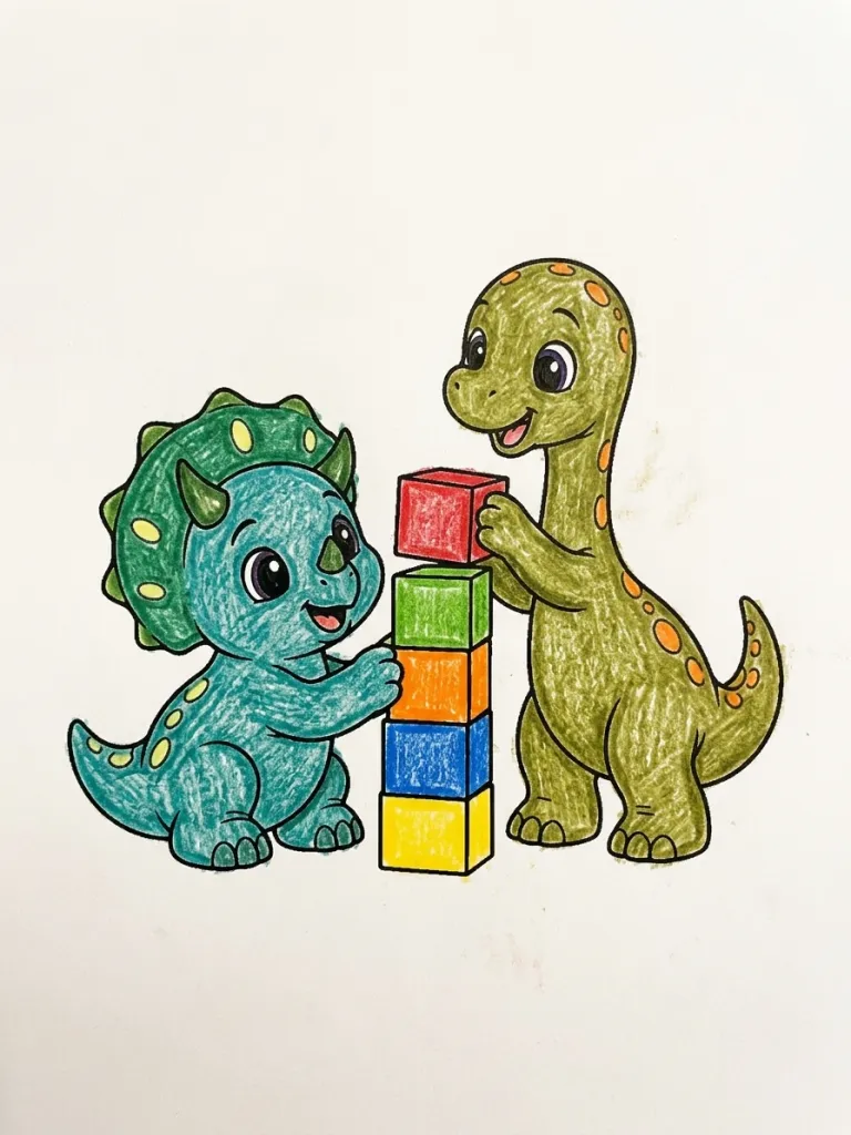 Dinosaurs Stacking Blocks Coloring Page colored in crayon style