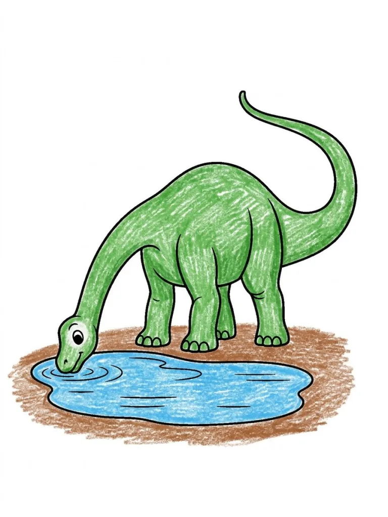 Diplodocus at a Pond Coloring Page colored in crayon style