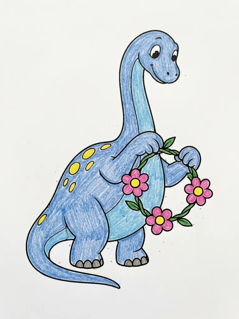 Diplodocus Flower Garland Coloring Page colored in crayon style