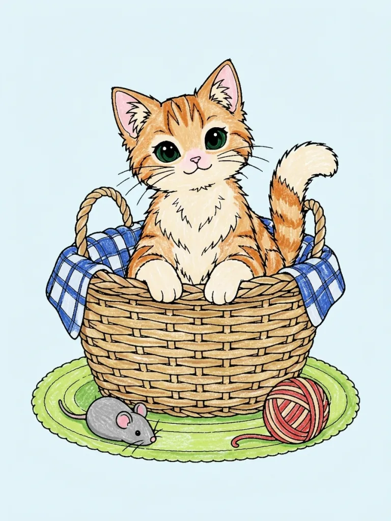 Cat in a Woven Basket Coloring Page colored in crayon style