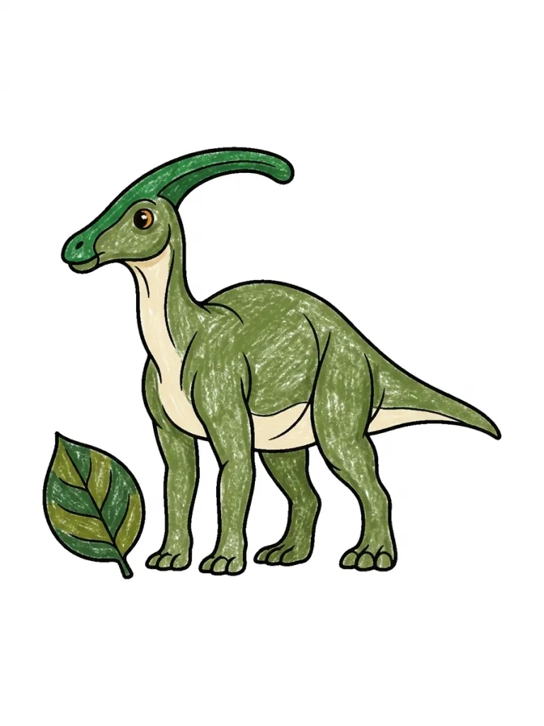 Parasaurolophus and Leaf Coloring Page colored in crayon style