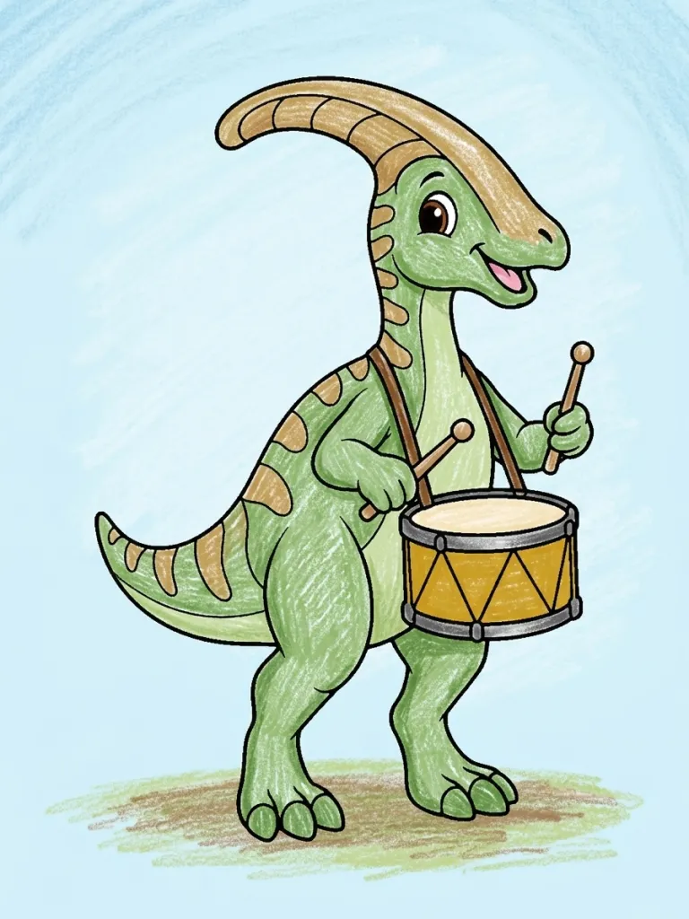 Parasaurolophus Drummer Coloring Page colored in crayon style