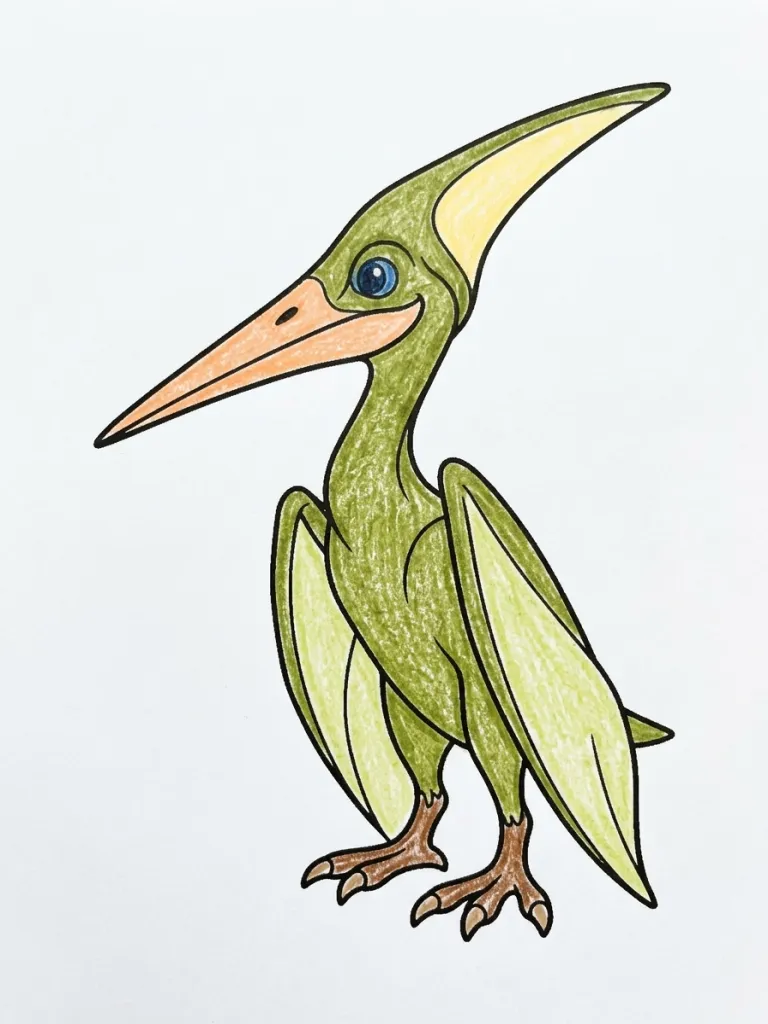 Perched Pteranodon Coloring Page colored in crayon style