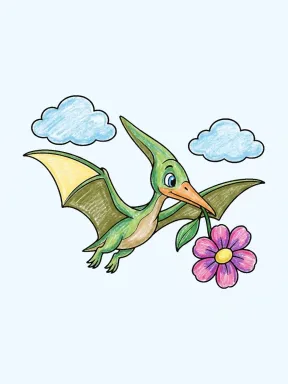 Pteranodon Carrying a Flower Coloring Page colored with AI in crayon style