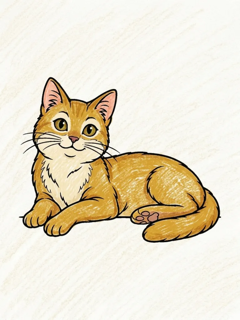 Resting Cat Coloring Page colored in crayon style