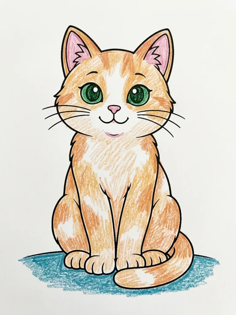 Sitting Cat Coloring Page colored in crayon style