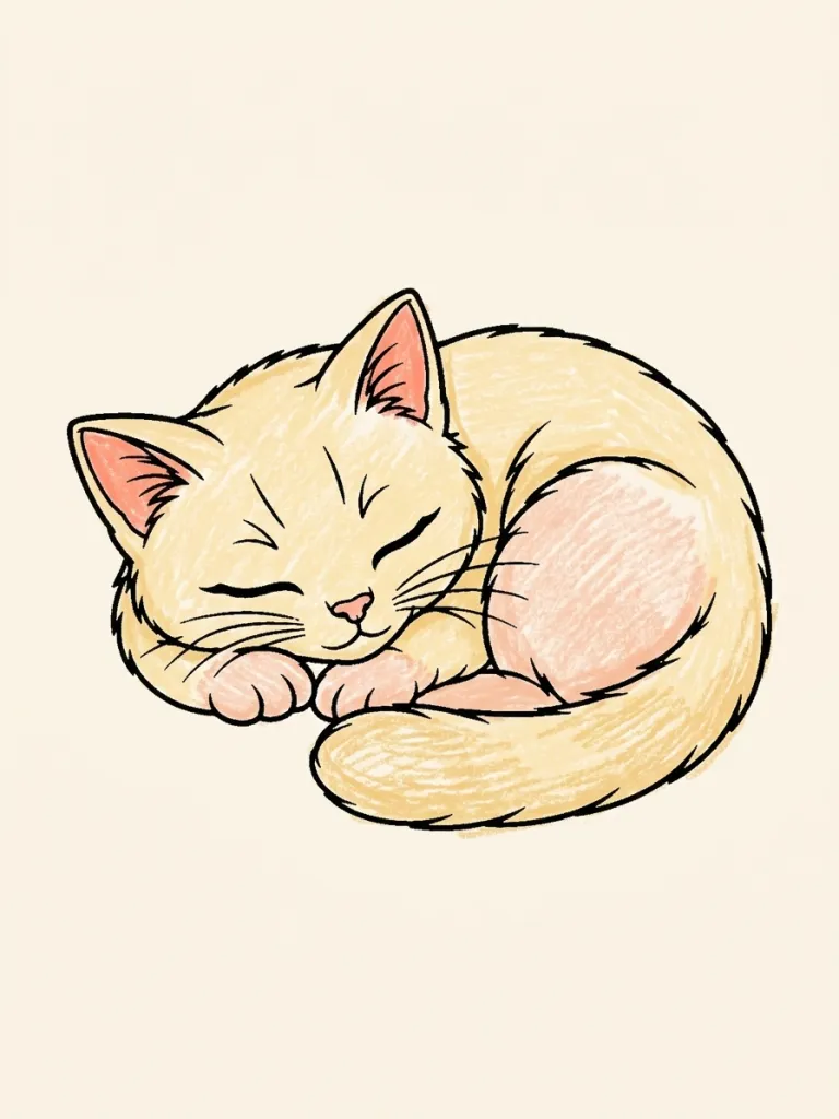Sleeping Cat Coloring Page colored in crayon style