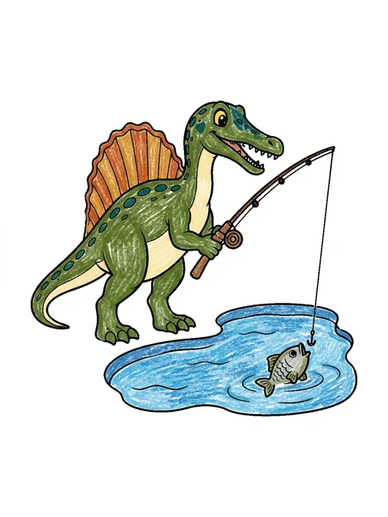 Spinosaurus Fishing Coloring Page colored in crayon style
