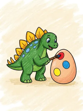 Stegosaurus Painting an Egg Coloring Page colored with AI in crayon style