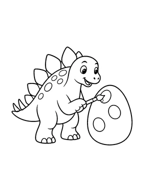 A cute stegosaurus painting spots on a large dinosaur egg with a paintbrush.