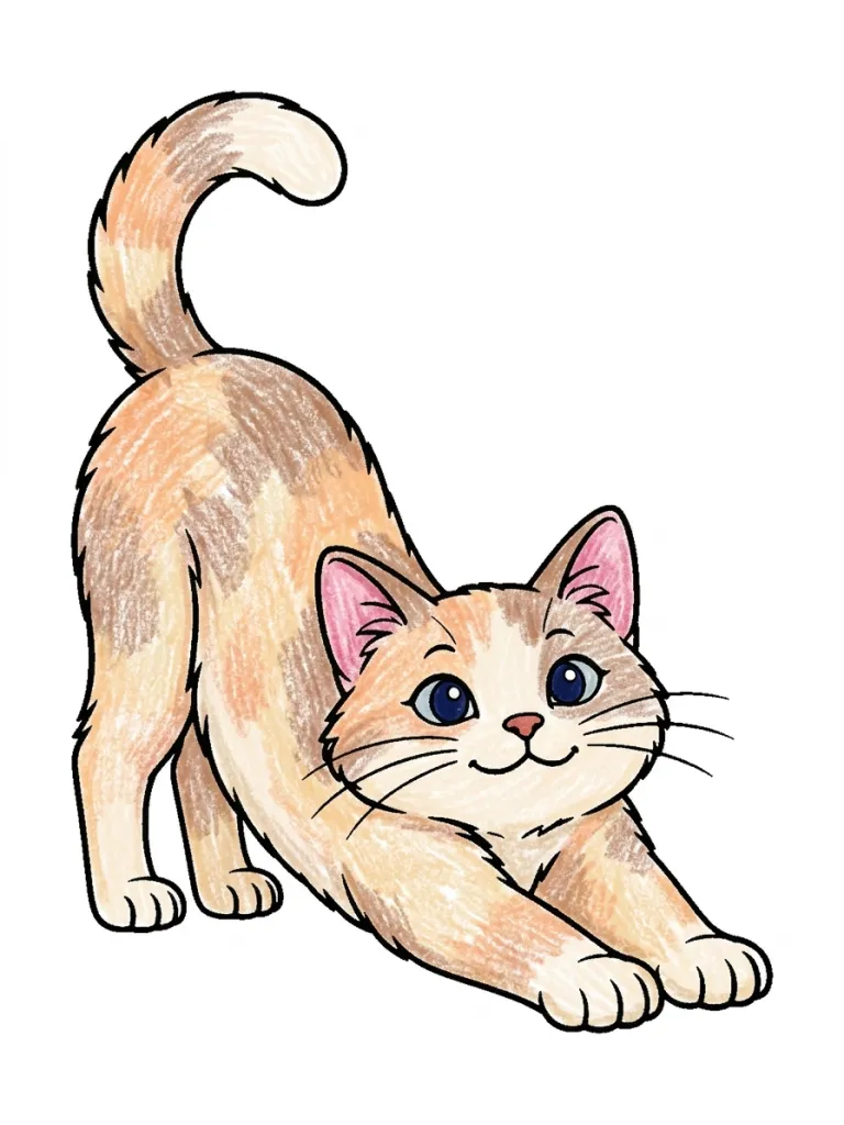 Stretching Cat Coloring Page colored in crayon style